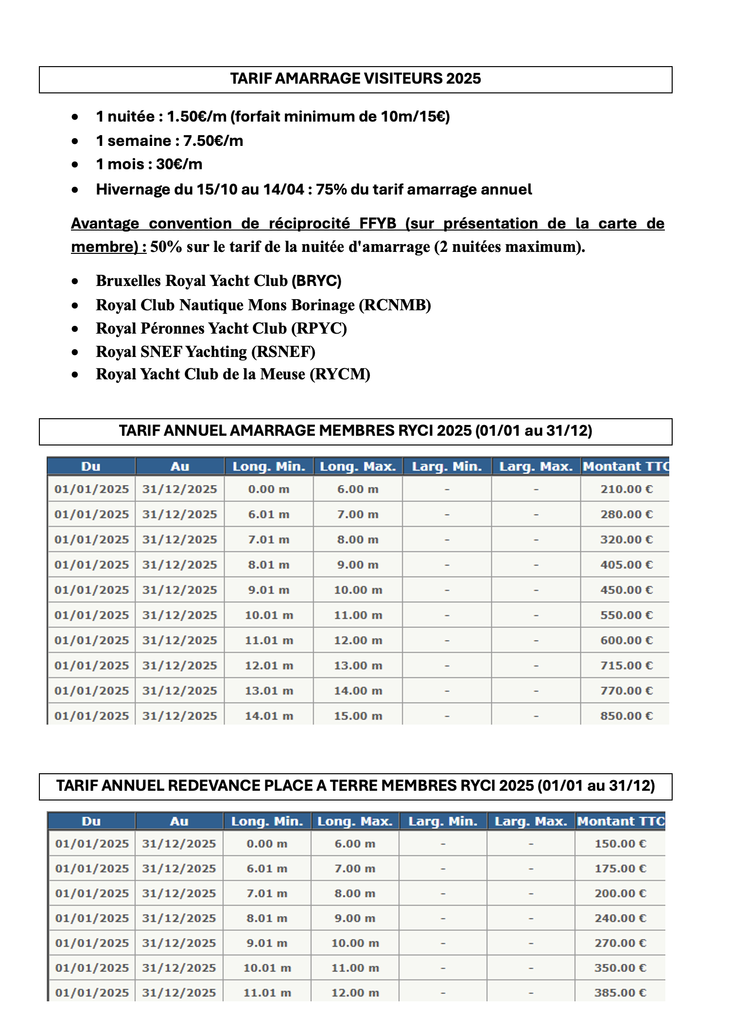 Tarif Amarrage 2025